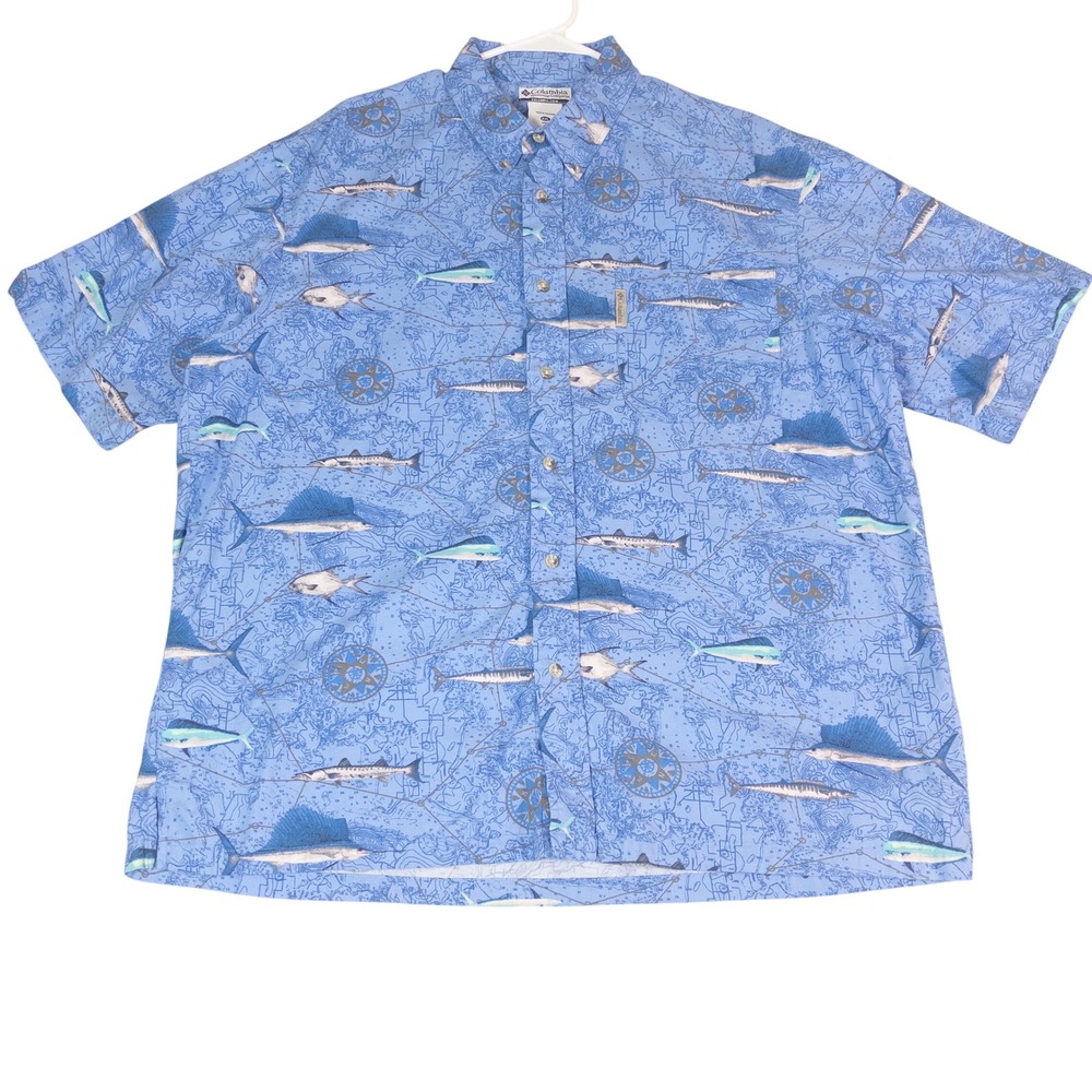 Columbia PFG Mens XXL Blue Fish Map Print Short Sleeve Button Down Fishing Shirt